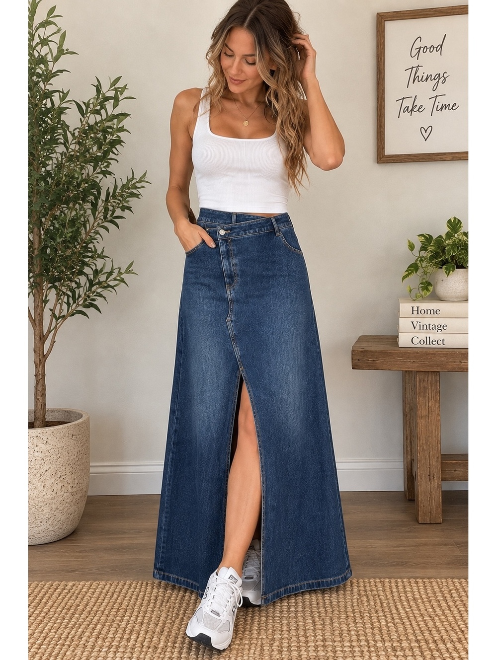 Asymmetrical Waist Denim Maxi Skirt Halara Dark Wash Front Slit XS